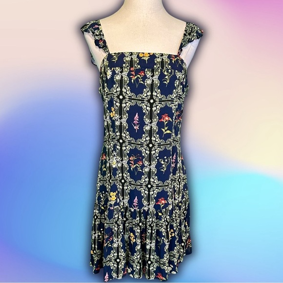 Agua Bendita for Target Navy Blue Floral Tile Print Ruffled Mini Dress Size S - Picture 5 of 16